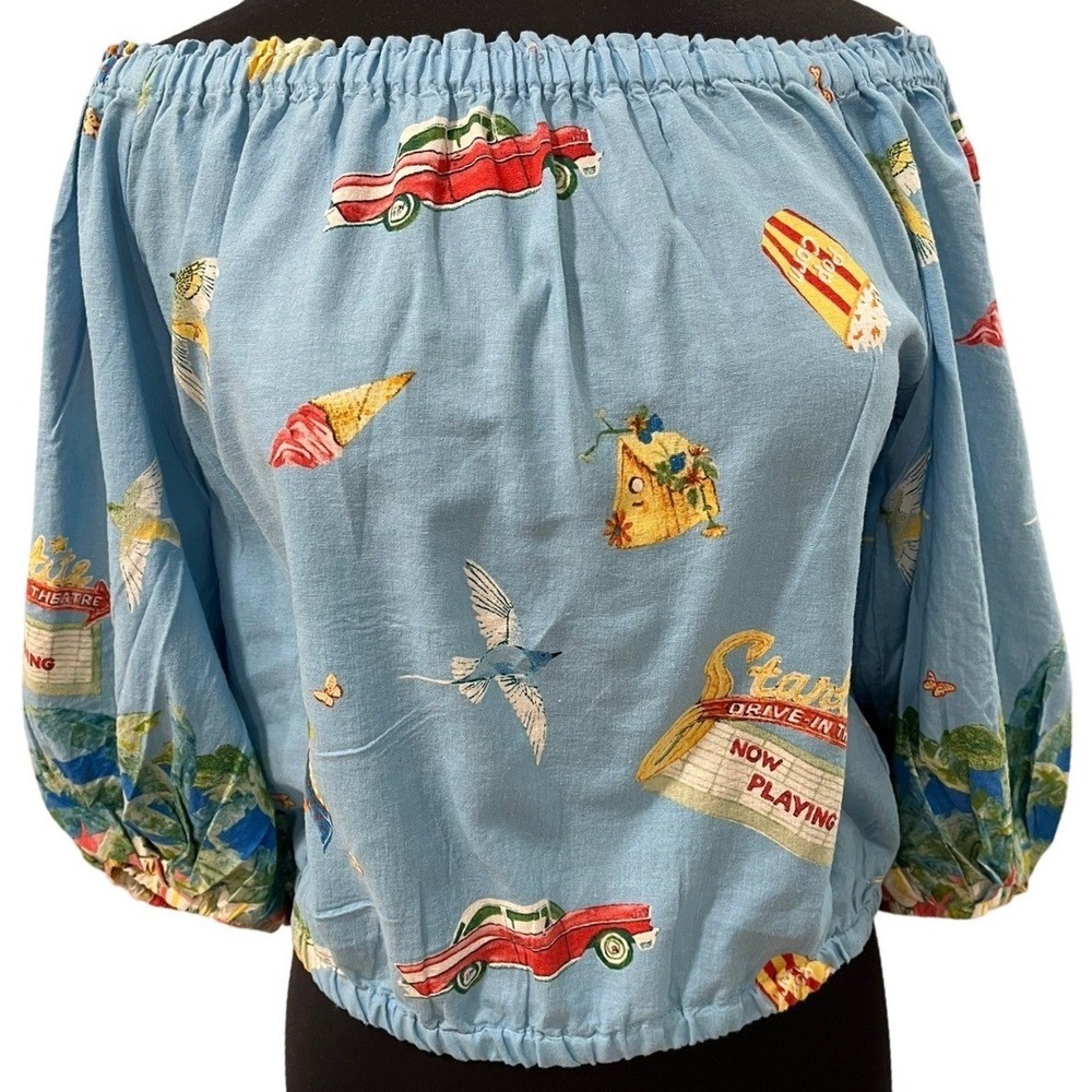 Christian Siriano New York Blue Retro Drive-In Print Off Shoulder Linen Top S - Picture 7 of 8